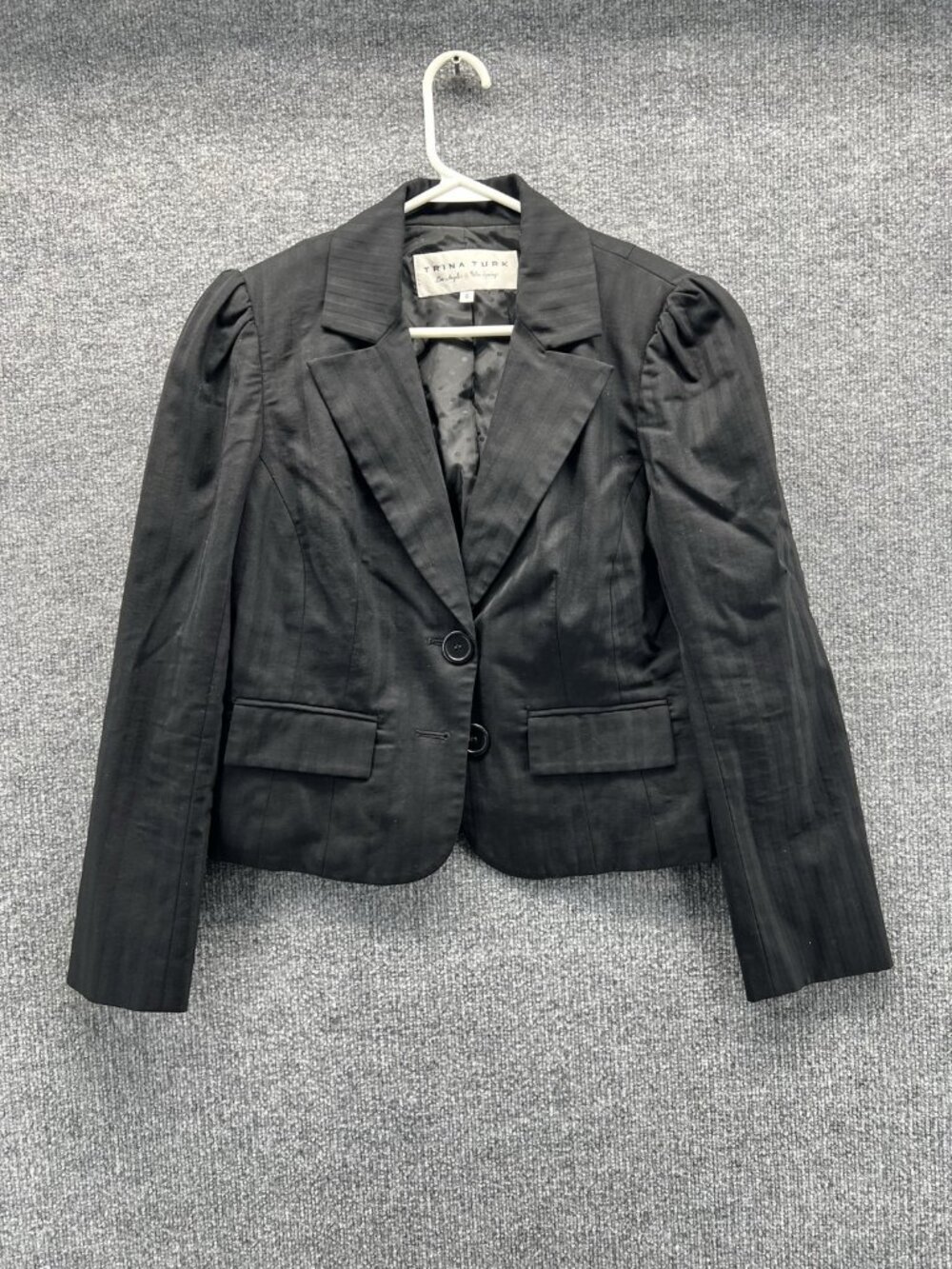 Trina Turk Blazer Womens 6 Black Striped Two Button Puff Shoulder Lined Jacket